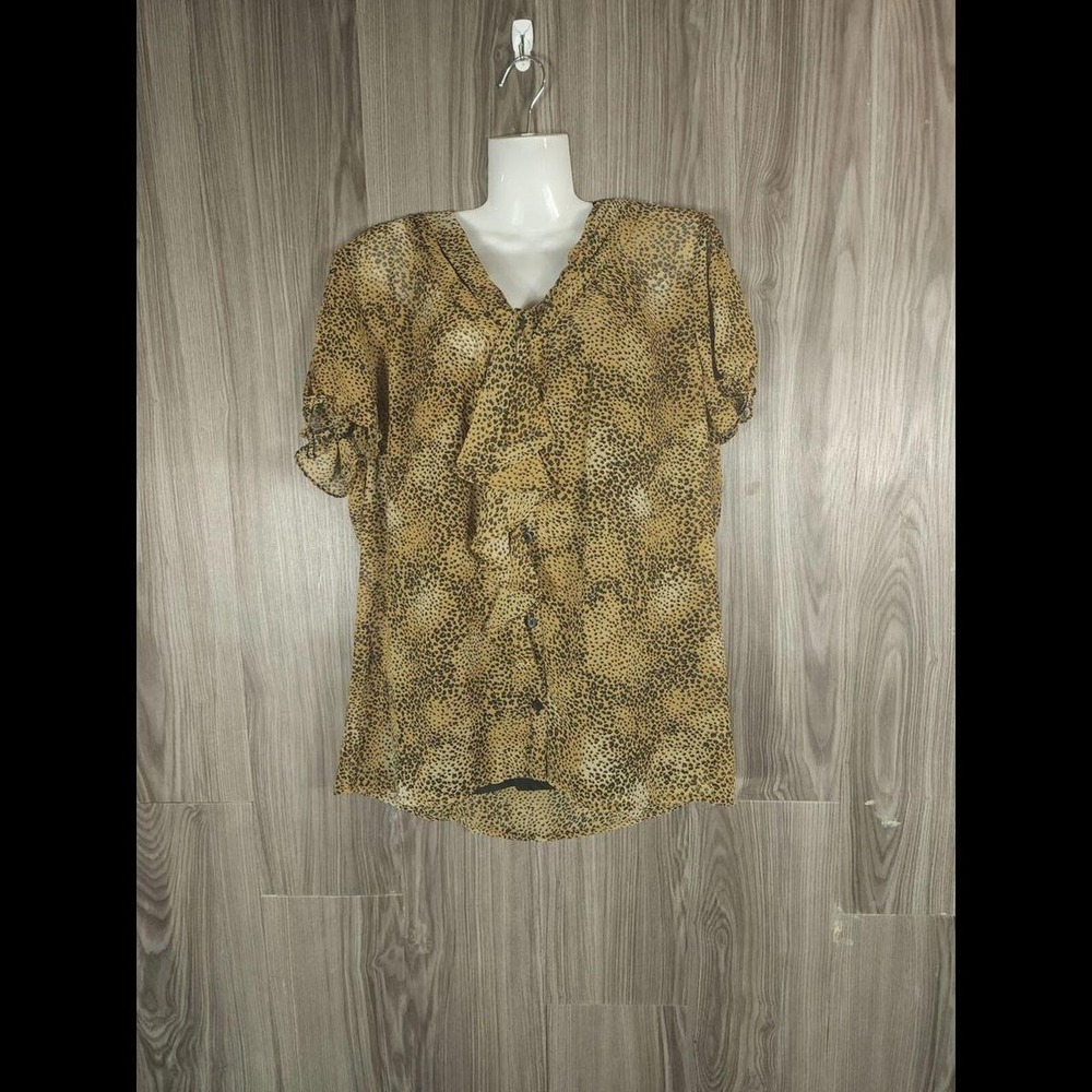 East 5th Women XL Mini Cheetah Print Ruffle Front V-Neck Short Sleeve Blouse NWT